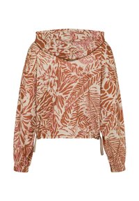 Langer Kapuzenjacke mit elastischen Bündchen und Saum, mit einem braunen und beigen tropischen Blattmuster.