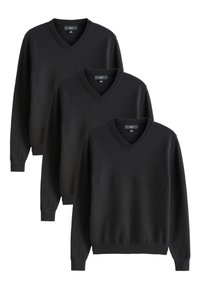 Fekete V-nyakú pulóverek különböző méretekben. Puha anyagból készültek, bordázott mandzsettákkal és szegéllyel, klasszikus, minimalista kialakítással.