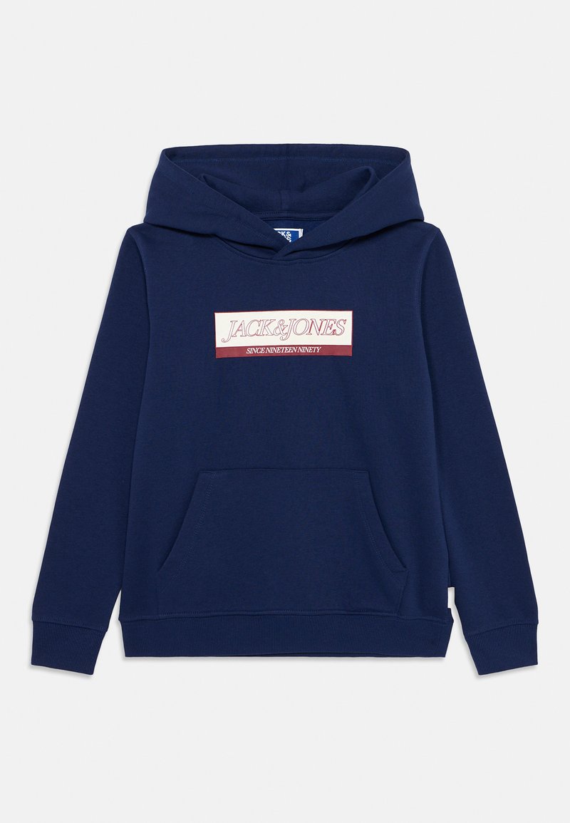 Mørkeblå hettegenser i bomullsblanding, med en frontlomme og et logo-patch i rosa og krem med teksten "JACK & JONES".