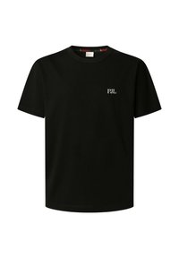 Camiseta de algodón negra con mangas cortas y cuello redondo. Presenta un pequeño logotipo blanco "PJL" en el frente. Textura lisa.
