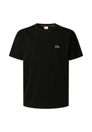 Černé bavlněné tričko s krátkými rukávy a kulatým výstřihem. Na přední straně je malý bílý nápis "PJL". Hladká textura.