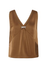 Brun satin ärmlös topp med V-ringning, med en samlad detalj i mitten och metalliska accenter vid halsringningen. Slät textur.