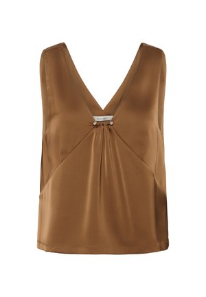 Braunes satiniertes ärmelloses Oberteil mit V-Ausschnitt, das eine geraffte Mittelpunkt-Detail und metallische Akzente am Ausschnitt aufweist. Glatte Textur.