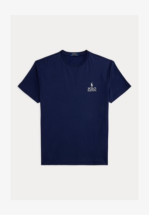 Marineblaues T-Shirt mit kurzen Ärmeln und Rundhalsausschnitt mit kleinem weißen Polo Ralph Lauren Logo auf der linken Brust.