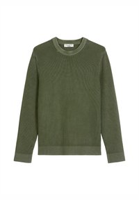 Pulover tricotat în nuanță verde măslinie, cu textură nervurată, decolteu rotund și mâneci lungi. Design simplu și modern, fără ornamentații.