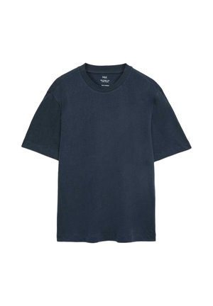 Mørkeblå T-shirt med korte ærmer, løs pasform og rund hals, lavet af hørblandet stof, mærke M&S.