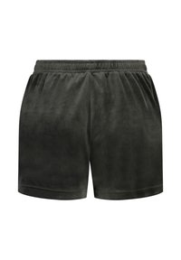 Donkergroene shorts van zacht, fluwelen stof. Voorzien van een elastische tailleband en een eenvoudige, rechte snit zonder zakken of versieringen.