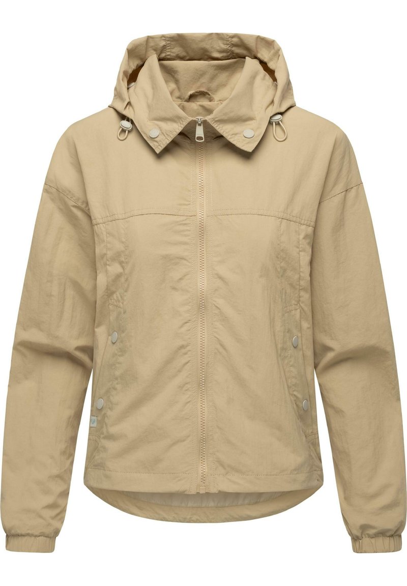 Beige lättviktsjacka med huva, framzipper, tryckknappar och elastiska ärmmuddar. Strukturerad tyg med en något matt finish.