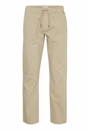 Pantaloni beige in tessuto leggero, con vita elasticizzata e coulisse, e tasche laterali. Design a gamba dritta.