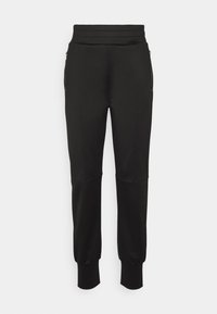 Schwarze Jogginghosen aus weichem Material, mit hohem Bund, seitlichen Reißverschlusstaschen, schmal zulaufenden Beinen und einer glatten Textur.