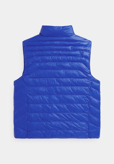 Vestă albastră căptușită cu guler înalt, având un design matlasat și o textură netedă. Fără mâneci, evidențiind o siluetă elegantă.