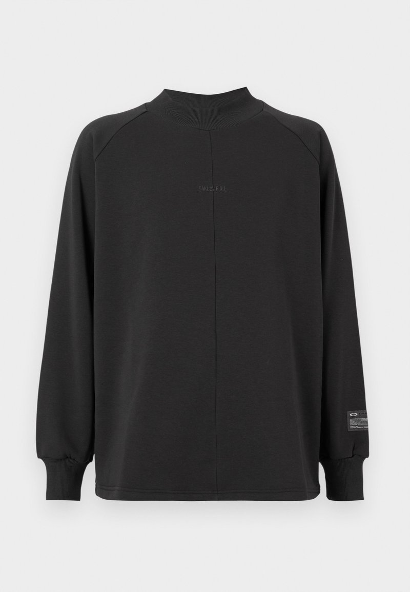 Schwarzer Pullover mit langen Ärmeln, hohem Kragen, gerippten Bündchen und einem subtilen Logo-Detail auf der Vorderseite. Weicher, strukturierter Stoff.