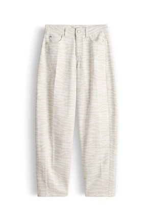 Pantalon beige clair à jambes droites avec un subtil imprimé zèbre, bouton et fermeture éclair à l'avant, et style à cinq poches.