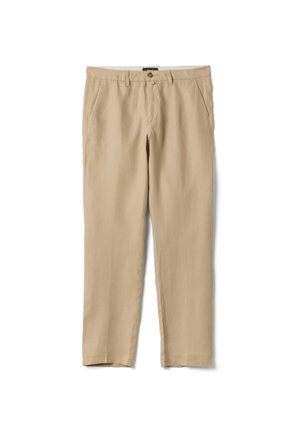 Pantalon beige à jambes droites avec passants pour ceinture, bouton frontal, fermeture éclair et poches latérales, présenté à plat sur un fond blanc.