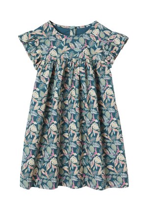 Vestito floreale in cotone turchese, con maniche corte a volant, vita arricciata e motivo di foglie rosa e crema. Chiusura posteriore con bottoni.