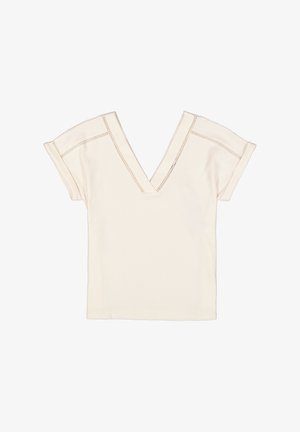 Crème-kleurige T-shirt met korte mouwen en een diepe V-halslijn, afgewerkt met subtiele stiksels langs de halslijn en mouwen.