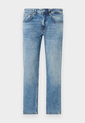 Vaqueros de mezclilla de color azul claro con un diseño de pierna recta, que cuentan con cinco bolsillos, detalles de costura sutiles y un acabado desgastado.