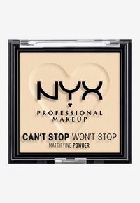 Poudre matifiante NYX Can't Stop Won't Stop dans un boîtier carré noir. Poudre texturée blanc cassé avec un motif de cœurs visible et le logo de la marque.