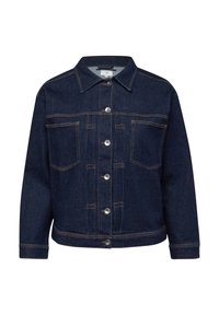 Veste en denim bleu foncé avec col, fermeture à boutons sur le devant, deux poches poitrine, manches longues et surpiqûres contrastantes.