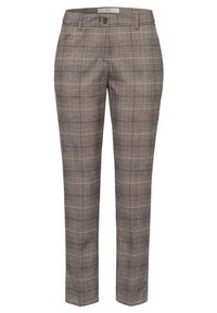 Pantalon à carreaux gris avec une texture subtile, doté d'une coupe classique, d'accents rouges dans le motif et d'une fermeture par bouton à la taille.