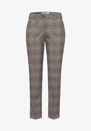 Pantaloni a quadri grigi con una texture sottile, caratterizzati da una vestibilità classica, accenti rossi nel motivo e una chiusura con bottone in vita.