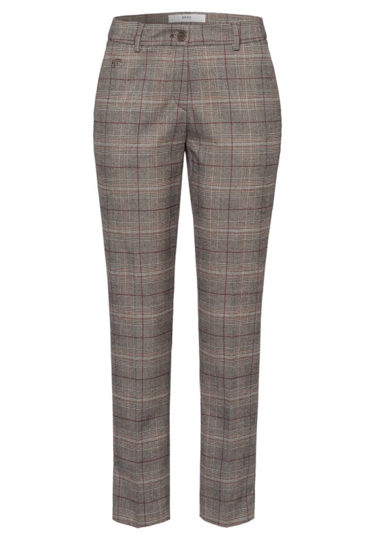 Pantalon à carreaux gris avec une texture subtile, doté d'une coupe classique, d'accents rouges dans le motif et d'une fermeture par bouton à la taille.