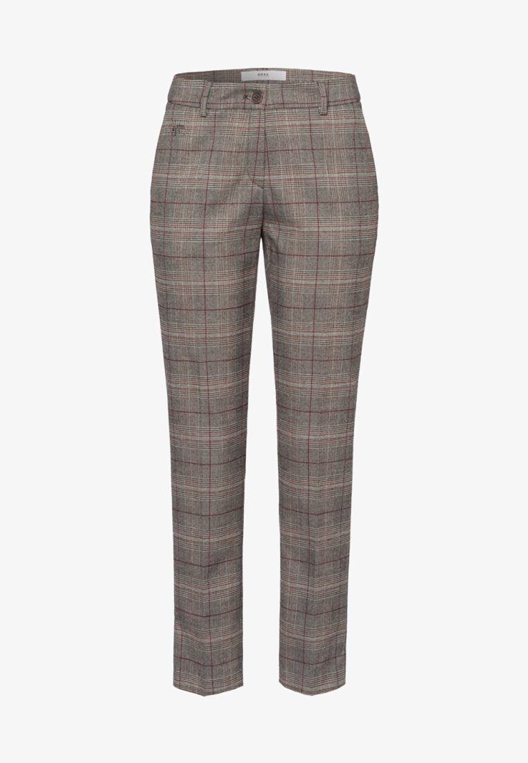 Pantalon à carreaux gris avec une texture subtile, doté d'une coupe classique, d'accents rouges dans le motif et d'une fermeture par bouton à la taille.