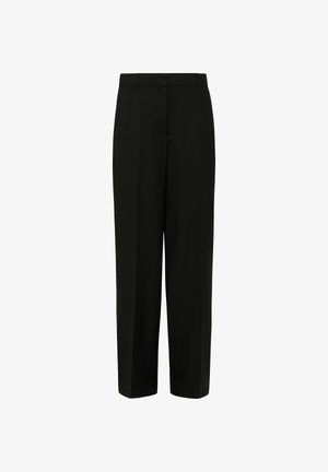 Pantalon noir taille haute à jambe droite avec passants de ceinture et pli à l'avant sur fond blanc.