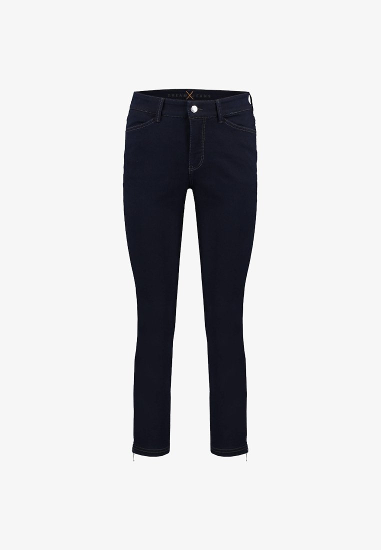 Dunkelblaue, enge Jeans aus Denim mit hoher Taille, vorderem Knopfverschluss und dezenten Steppdetails. Der Reißverschluss am Knöchel verleiht dem Design eine besondere Note.