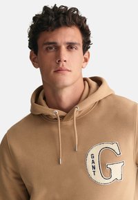 Felpa marrone con una grande lettera 'G' in crema e blu ricamata sul petto. Presenta un cappuccio con cordino e una trama di tessuto liscia.