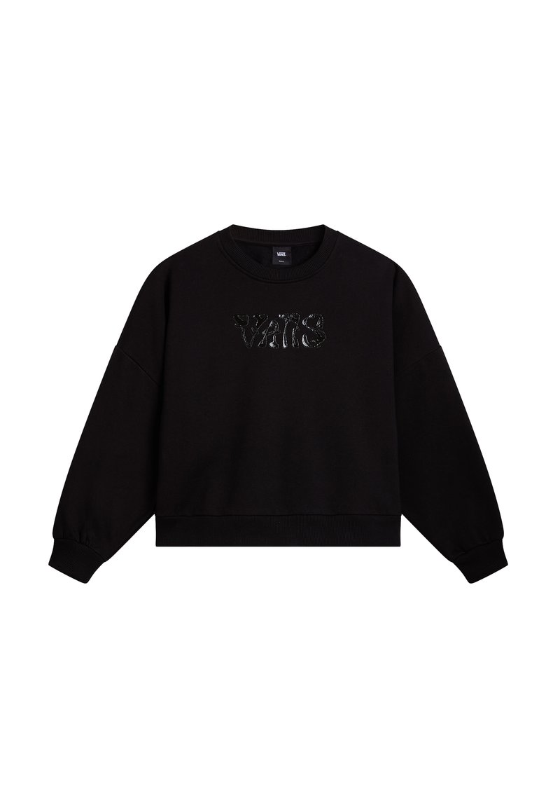 Sweat-shirt noir court en tissu doux, avec un logo texturé "VANS" noir sur le devant, col rond et poignets côtelés.