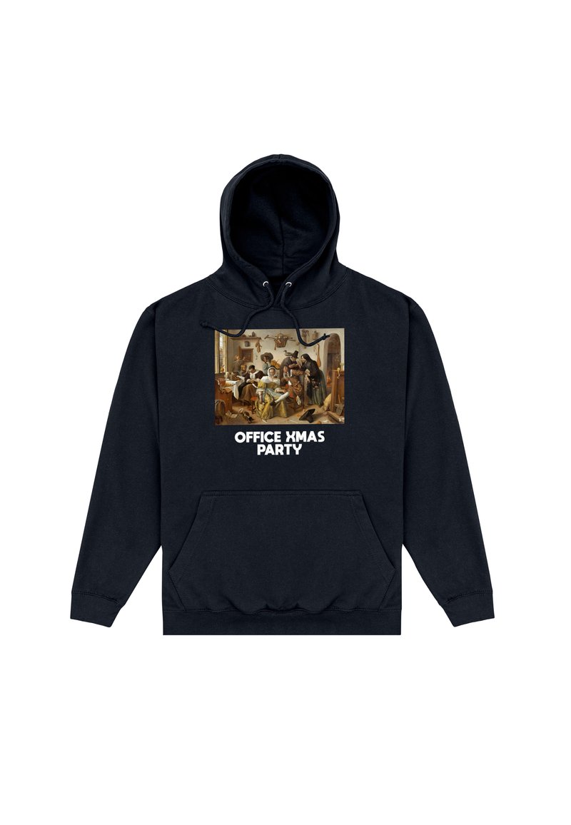 Černá mikina s kapucí a přední kapsou, s centrálním grafickým motivem veselého setkání a textem "VÁNOČNÍ PÁRTY V KANCELÁŘI" v bílé barvě.