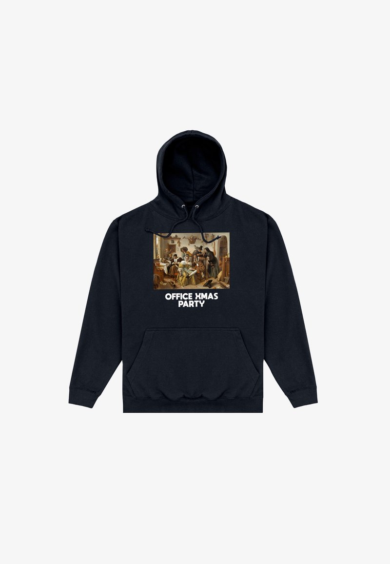 Černá mikina s kapucí a přední kapsou, s centrálním grafickým motivem veselého setkání a textem "VÁNOČNÍ PÁRTY V KANCELÁŘI" v bílé barvě.