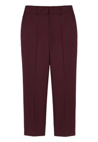 Pantalones burdeos con un diseño ajustado, que cuentan con pliegues en la parte delantera y una cinturilla plana. Fabricados en una tela lisa y texturizada.