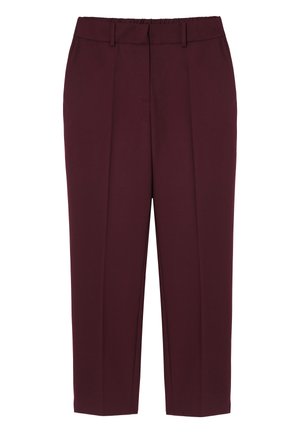 Pantalones burdeos con un diseño ajustado, que cuentan con pliegues en la parte delantera y una cinturilla plana. Fabricados en una tela lisa y texturizada.