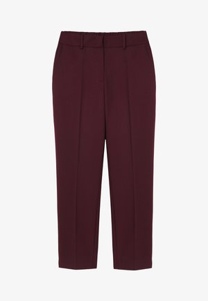 Burgunderfarbene Hosen mit tailliertem Design, versehen mit vorderen Falten und einem flachen Bund. Hergestellt aus einem glatten, strukturierten Stoff.