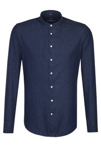 Mörkblå denimskjorta med långa ärmar och ståkrage, med en frontknäppning och mjuk textur. Skräddarsydd passform.