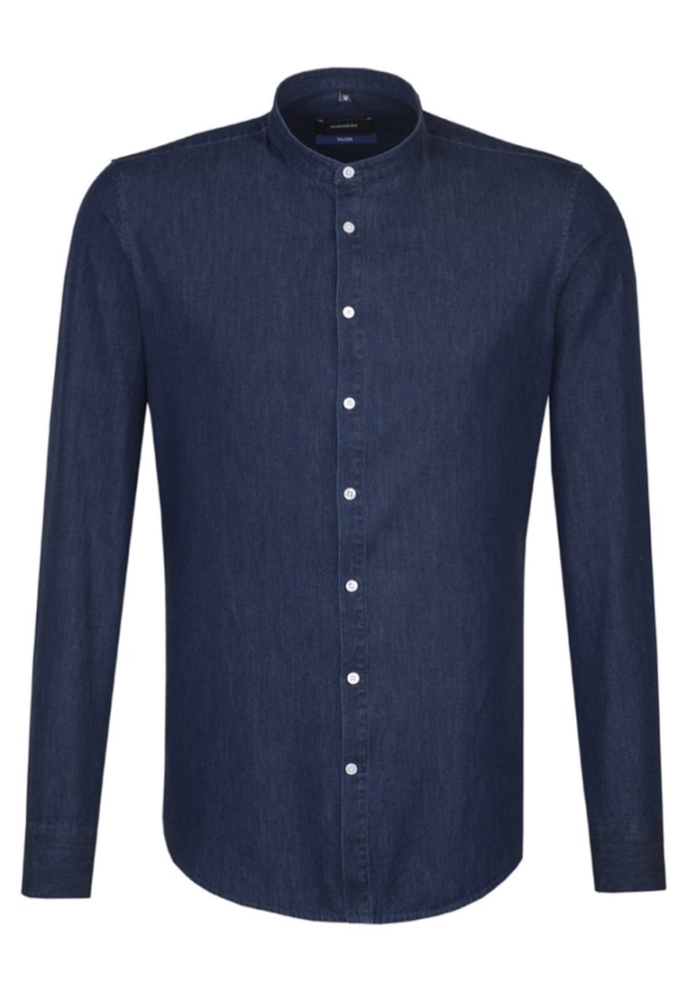 Mörkblå denimskjorta med långa ärmar och ståkrage, med en frontknäppning och mjuk textur. Skräddarsydd passform.