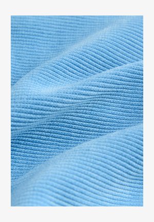 Gaiši zilas audums ar teksturētu, rievotu rakstu. Virsma izskatās mīksta un nedaudz pūkaina, akcentējot auduma dziļumu un krāsu.