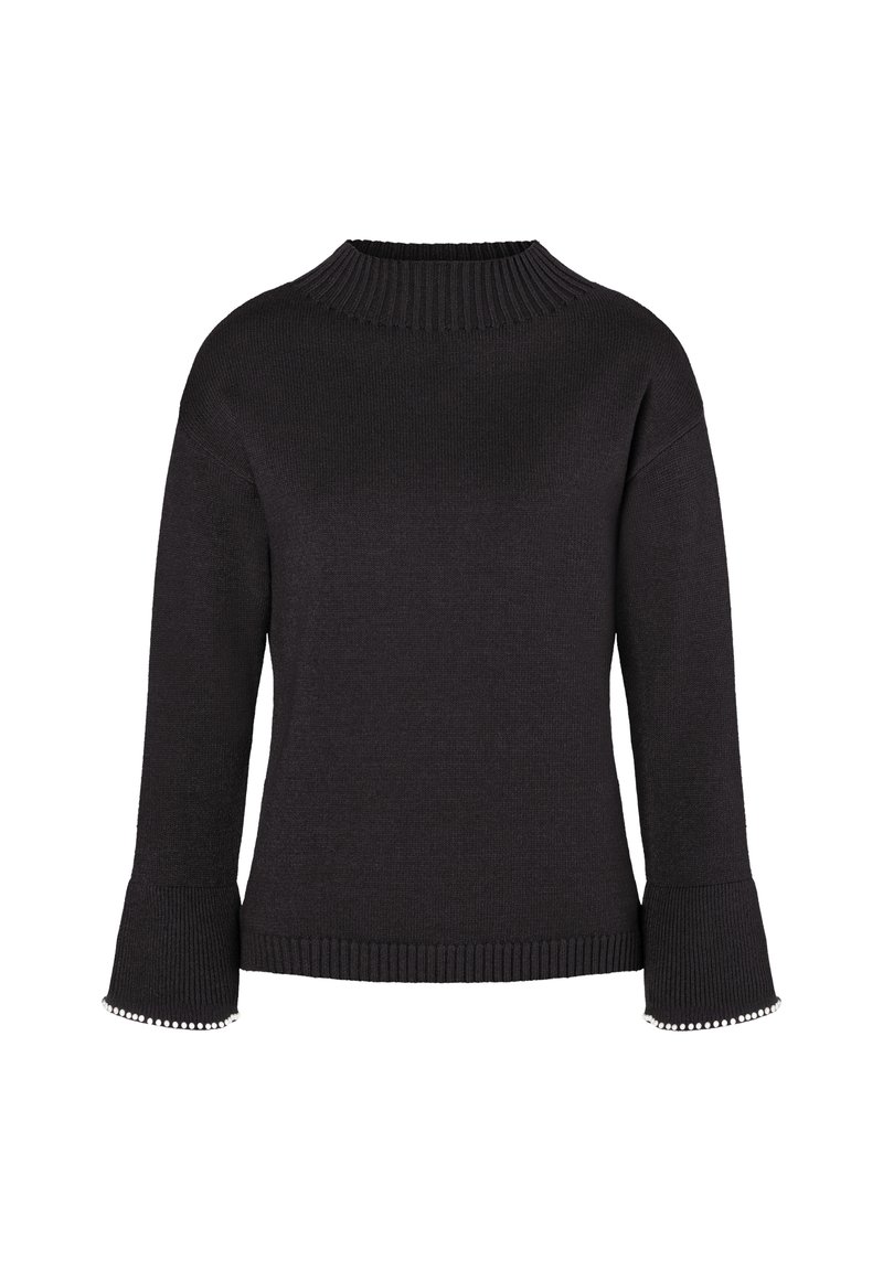 Zwart gebreid sweater met een hoge ribbels halslijn en brede klokmouwen, voorzien van een rand van witte kralen langs de mouwranden.