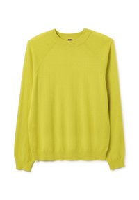 Maglione verde lime a maglia con scollo a girocollo e maniche raglan. Tessuto liscio, polsini e orlo a costine. Nessun motivo o accento.