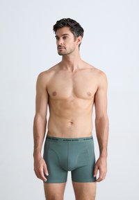 Modèle masculin portant des boxers verts Björn Borg, se tenant devant un fond gris clair uni, regardant légèrement sur le côté.