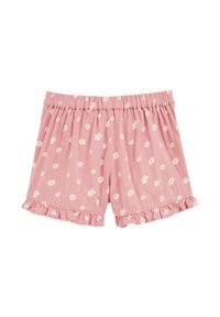 Pantalones cortos florales rosas hechos de tela liviana, con patrones de margaritas blancas y un dobladillo rizado en la parte inferior y la cinturilla.