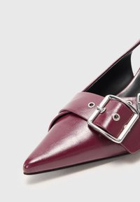 Pantofii cu vârf ascuțit, din piele sintetică bordô, cu o curea largă și detaliu cu cataramă argintie. Au un interior negru, cu un design elegant.