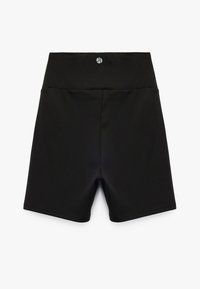 Zwarte sportshorts gemaakt van een gladde, rekbare stof. Beschikt over een brede tailleband en een klein logo op het midden van de achterkant.