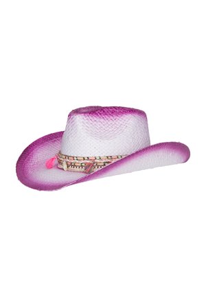 Hvid vævet cowboyhat med lilla gradientkanter og et dekorativt bånd med perler, muslinger og lyserøde kvaster.