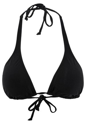 Schwarzer Bikini-Oberteil mit dreieckigen Cups, verstellbaren Bändern am Nacken und Rücken, aus glattem Stoff. Einfaches Design ohne Muster oder Akzente.