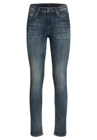 Jeans ajustados de denim azul oscuro con un acabado desgastado, cinco bolsillos, pasadores para cinturón y cierre de cremallera con botón. Textura suave.