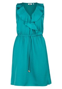 Turquoise sleeveless dress with ruffled neckline, a cinched waist, and ties featuring gold accents. Smooth, lightweight fabric.