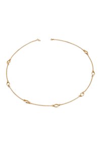 Collana in oro con elementi ovali collegati, caratterizzata da un design delicato e leggero e una finitura lucida. Misura circa 16-18 pollici.